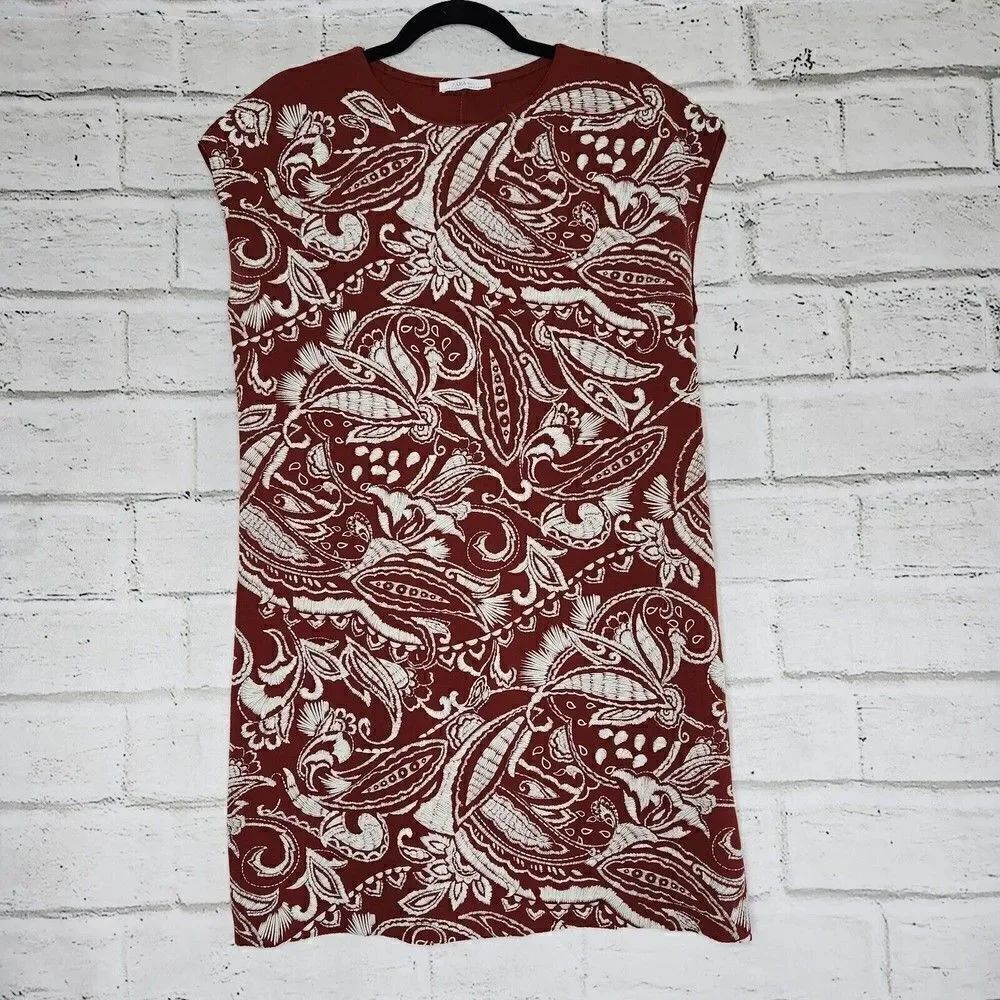 Zara Basics Women Sleeveless Floral Print Dress Sz Medium Brown White Stretch